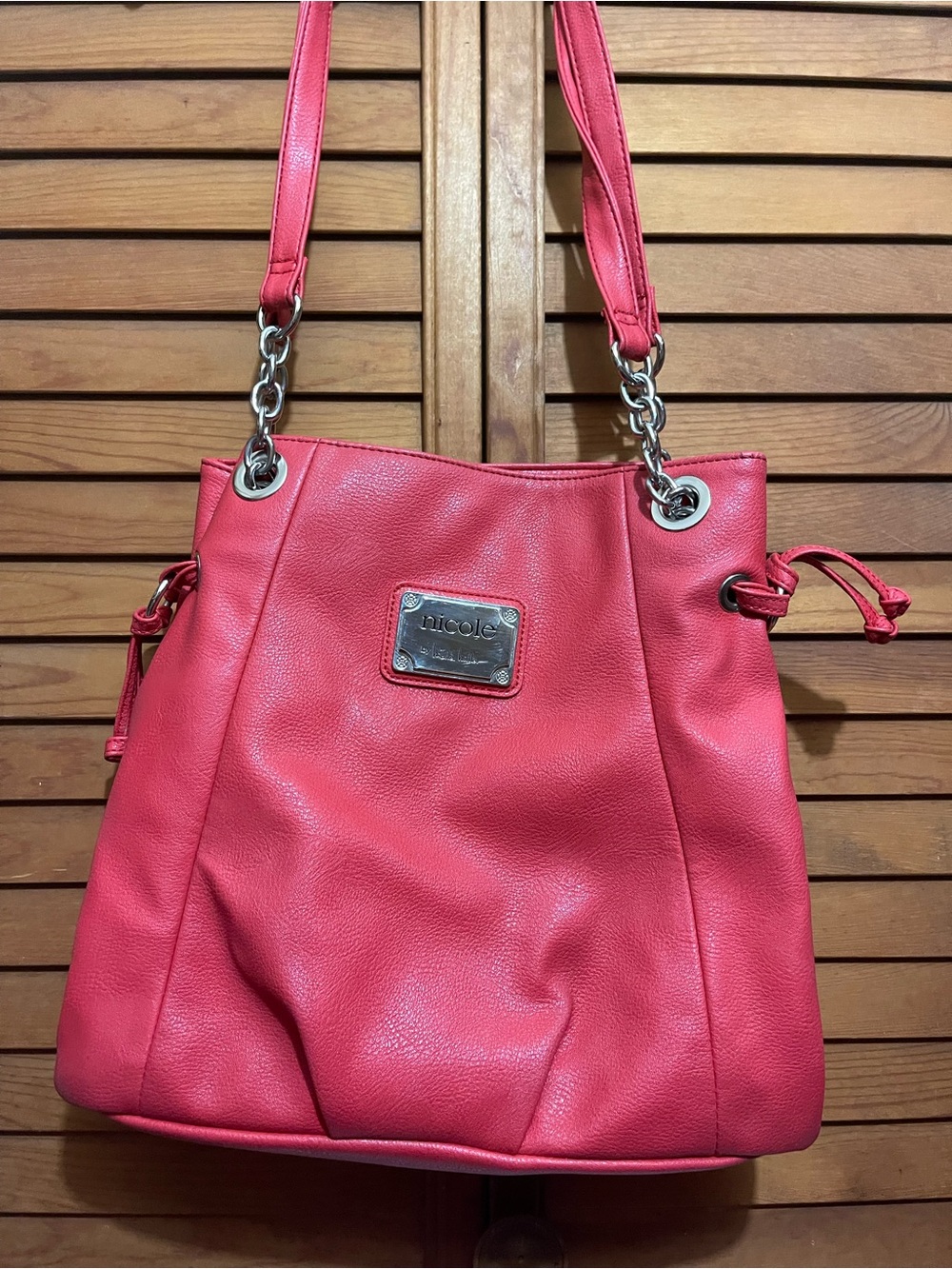 Nicole Coral-Pink Pebbled Leather Shoulder Bag with Chain Straps